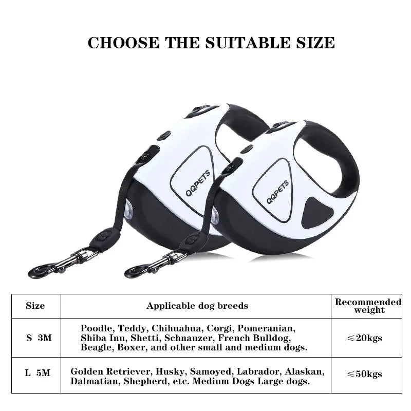 Retractable dog leash with size chart on a white background