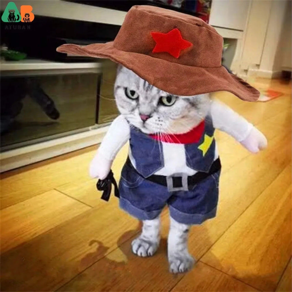 Cat wearing a cowboy costume with a hat and vest on a wooden floor.