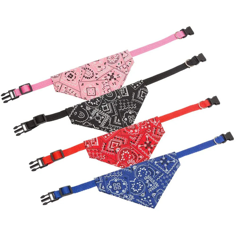 Four colorful dog bandanas with straps on a white background