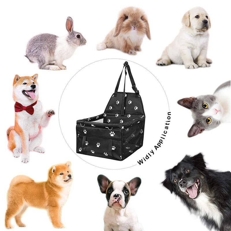 Black pet carrier with paw prints surrounded by various pets on a white background