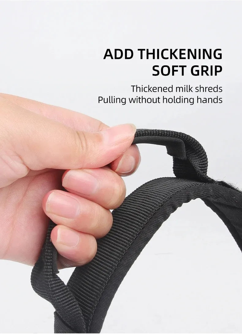 Hand holding a black strap with text about thickening soft grip