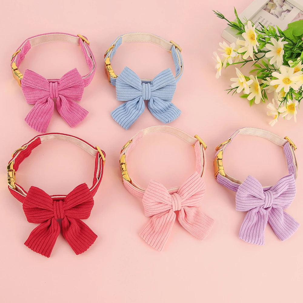 Set of colorful bow collars on a pink background with flowers.