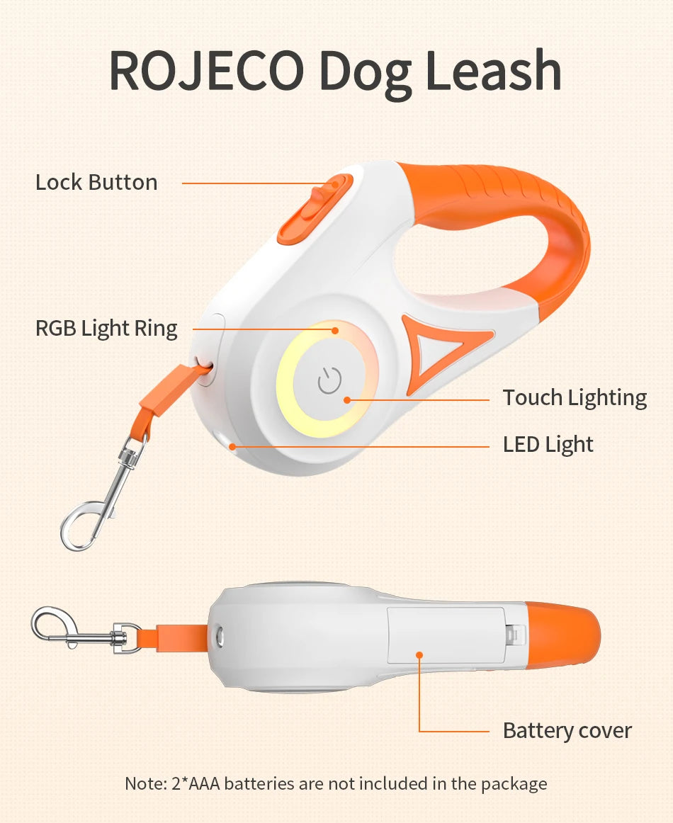 ROJECO dog leash with labeled features on a beige background