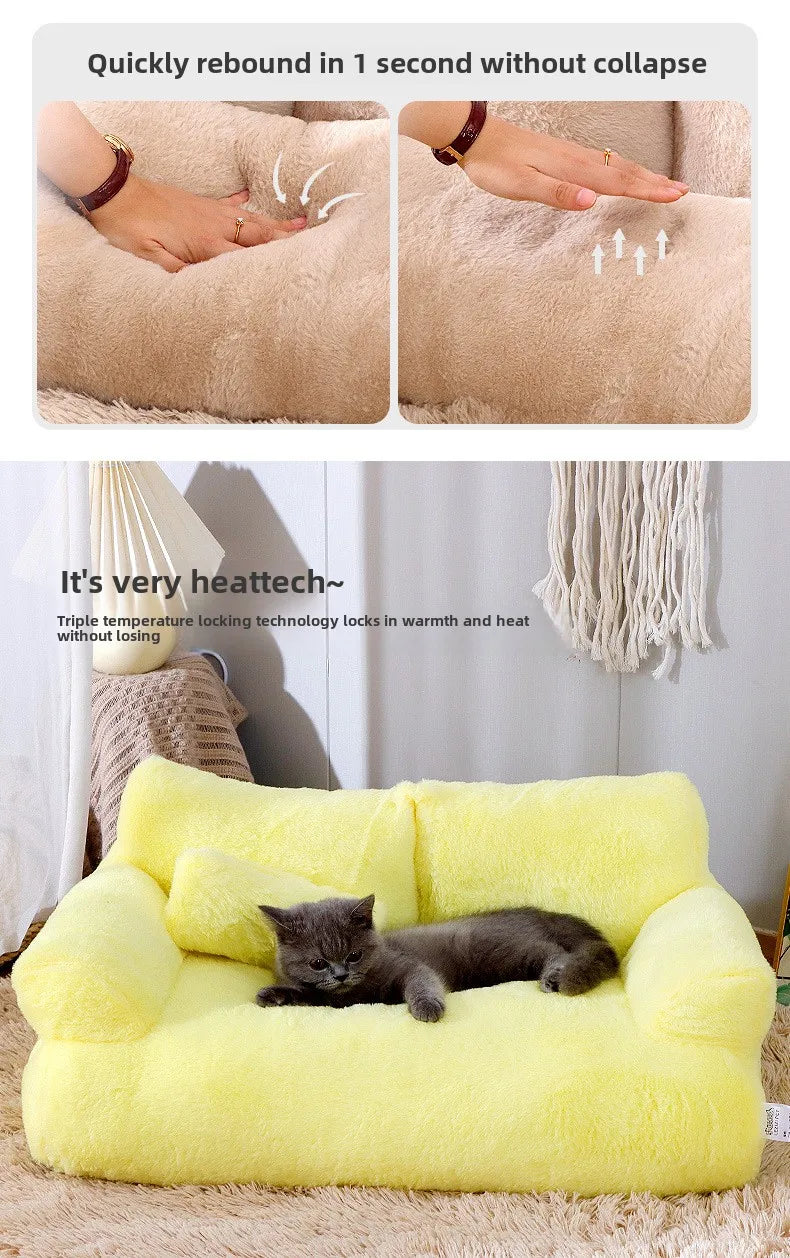 Yellow pet bed with a cat on it, surrounded by text about its heating and rebounding properties.