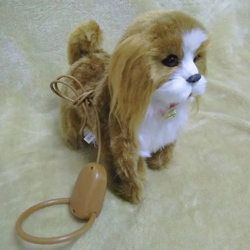 Plush dog toy with a remote control on a light green surface