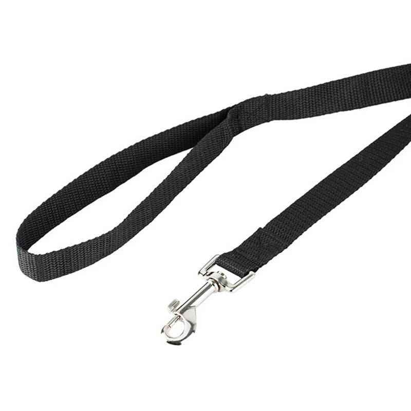 Black dog leash with a silver clasp on a white background