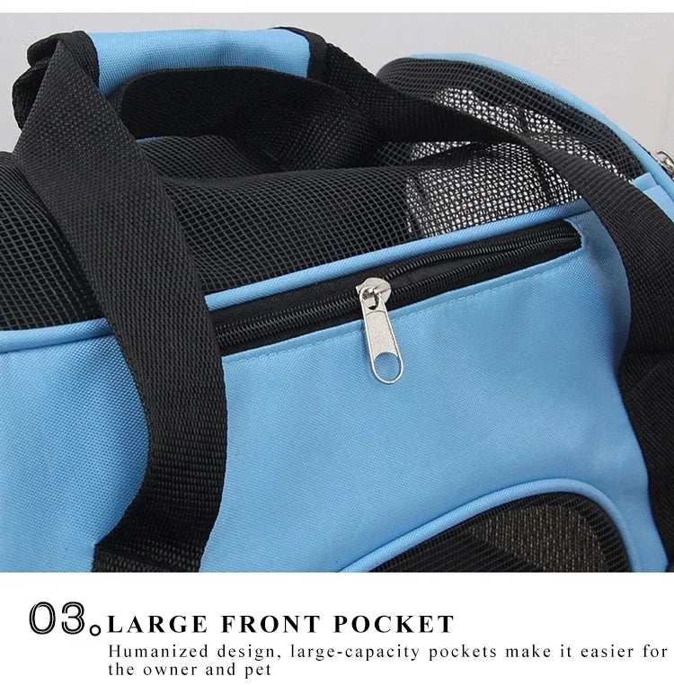 Blue pet carrier with a large front pocket and black mesh side, featuring text about its capacity.