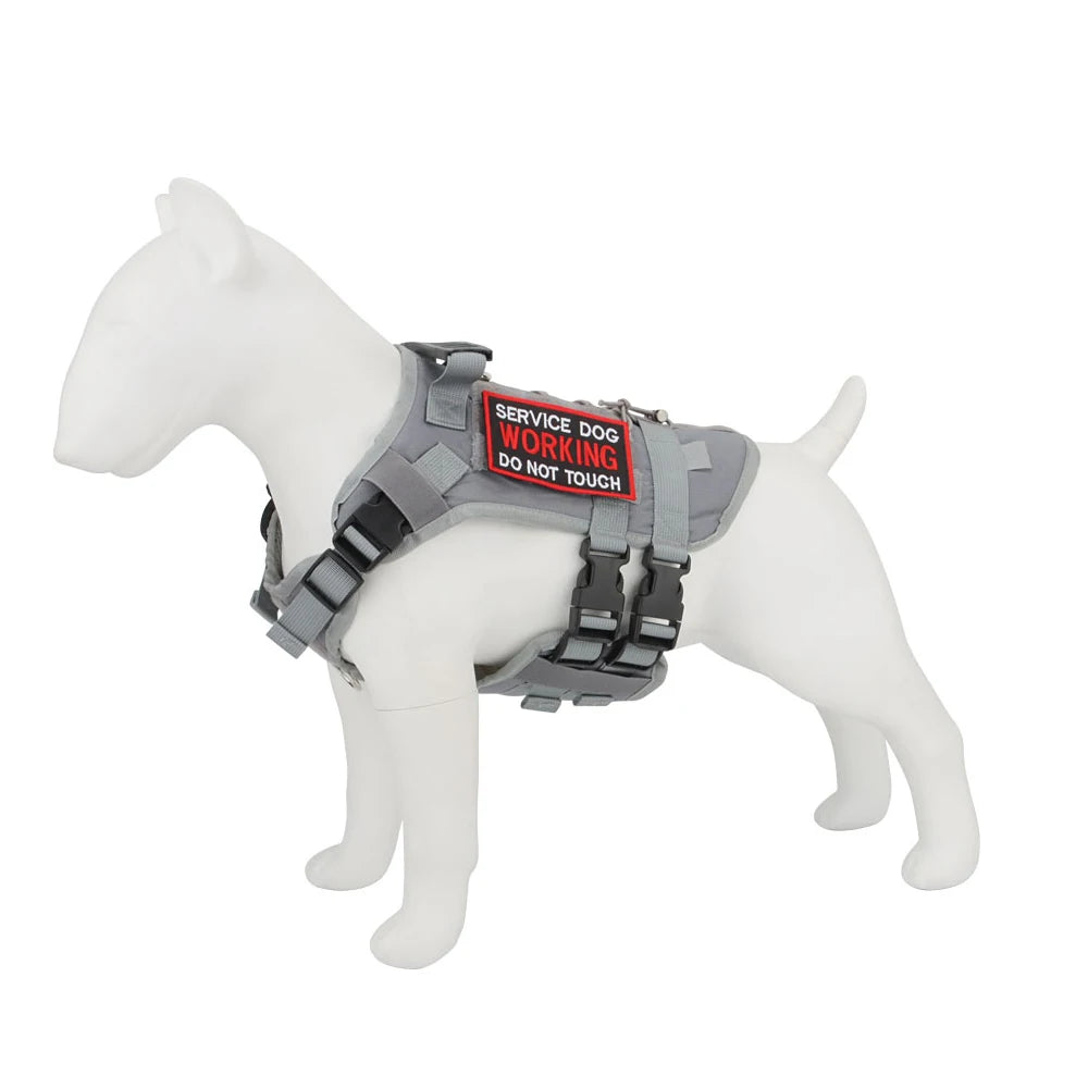 Gray service dog harness with a red label on a white background