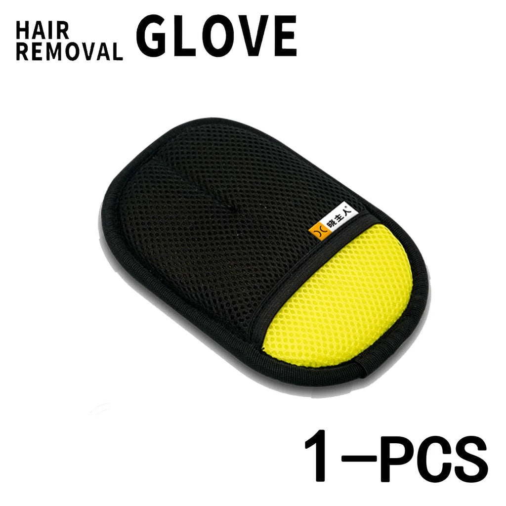 Hair removal glove with black mesh and yellow center on a white background