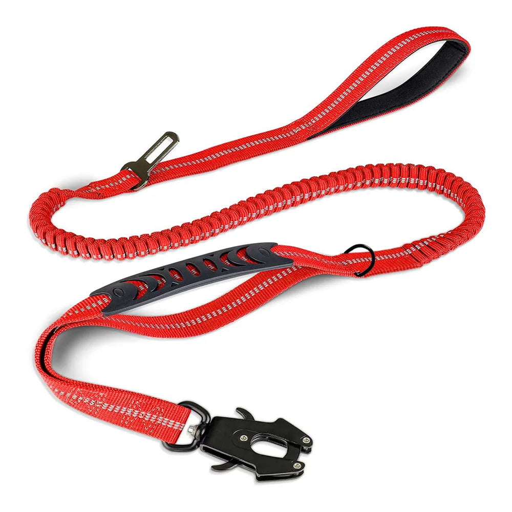Red dog leash with black clip on a white background
