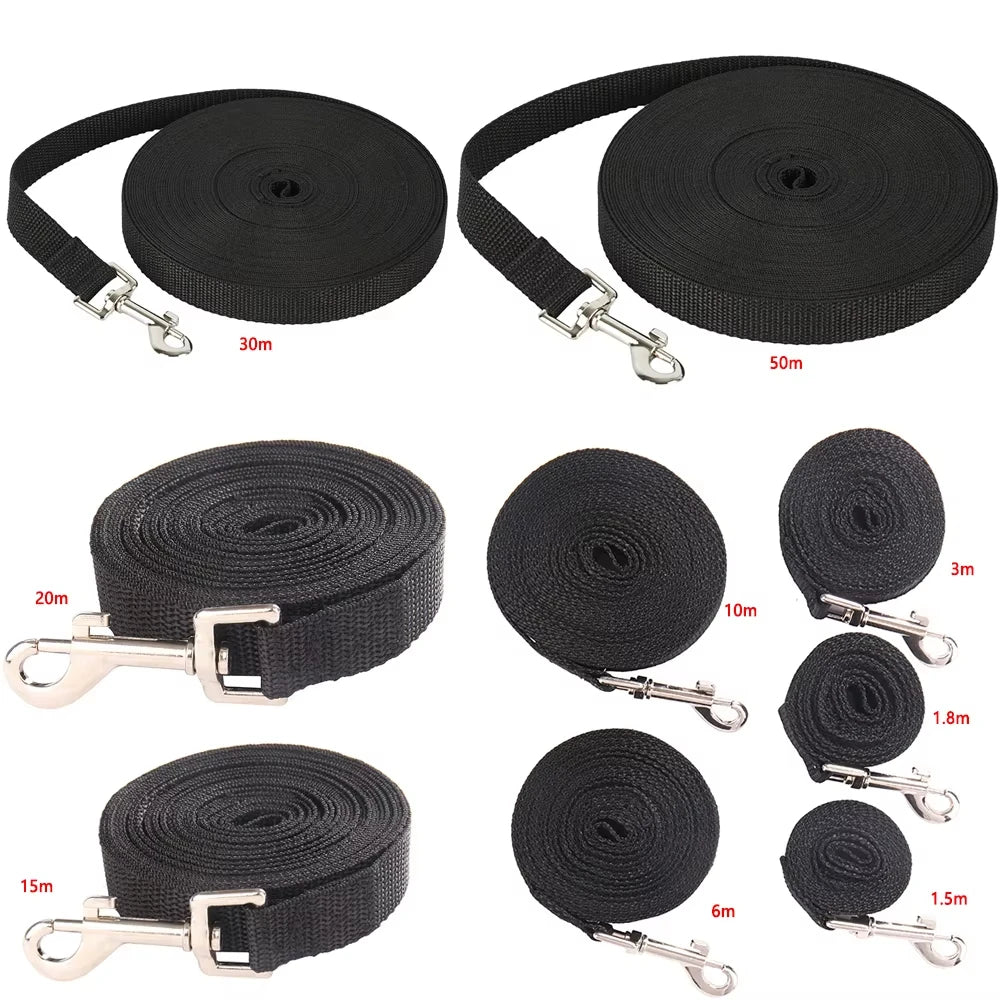 Set of black dog leashes with metal clips on a white background