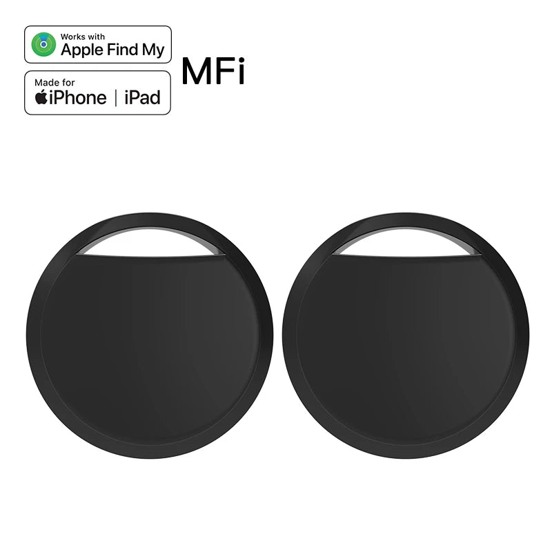 Two black circular objects with Apple Find My and MFi logos on a white background