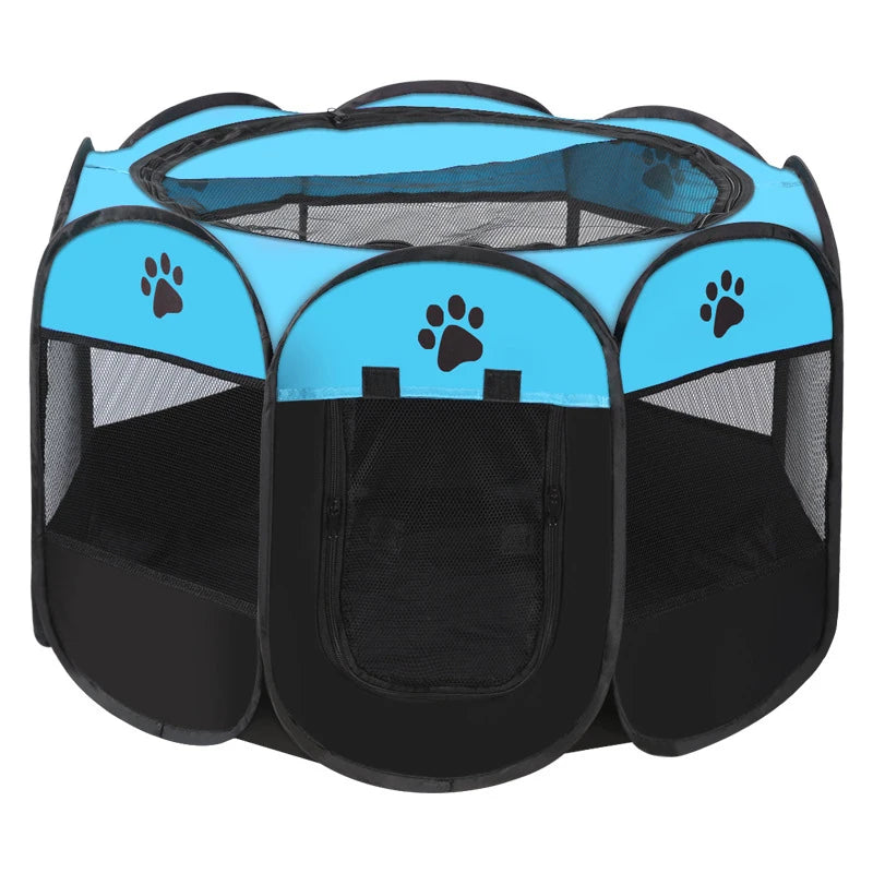 Pet playpen with blue panels and black paw prints on a white background