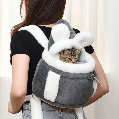 Person carrying a cat in a gray and white pet carrier with bunny ears.