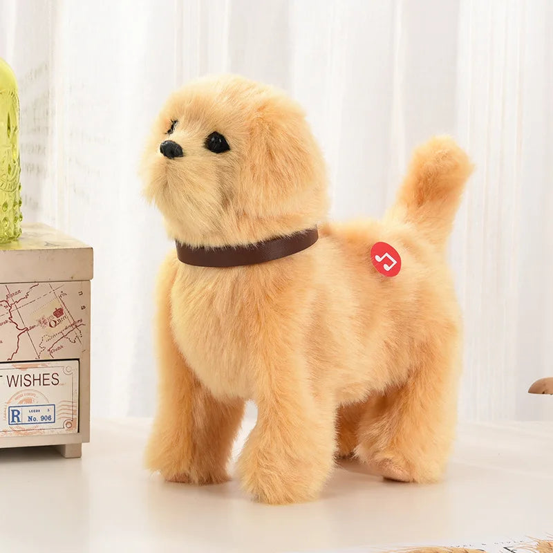 Plush toy dog with a tag on a white background