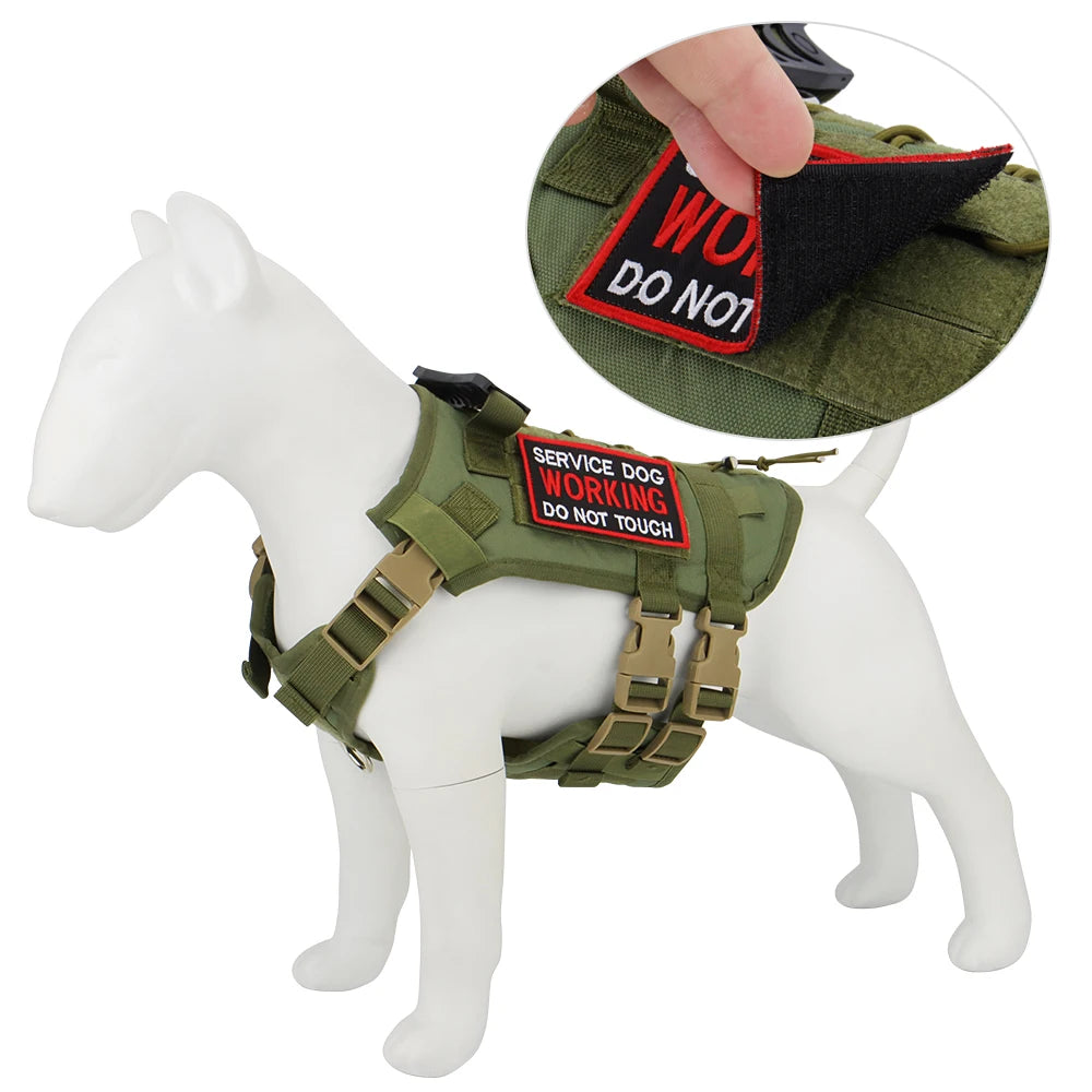 Green service dog harness with 'Do Not Touch' and 'Working' patches on a white mannequin.