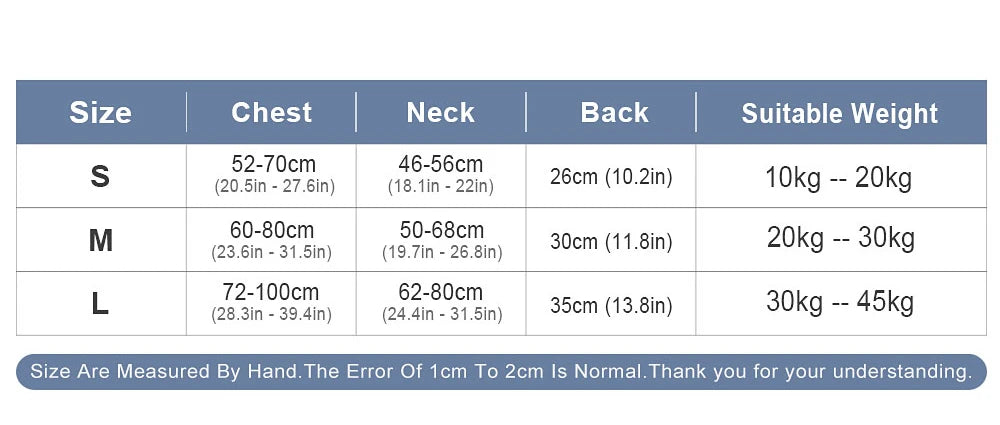 Size chart for clothing with measurements and weight ranges.