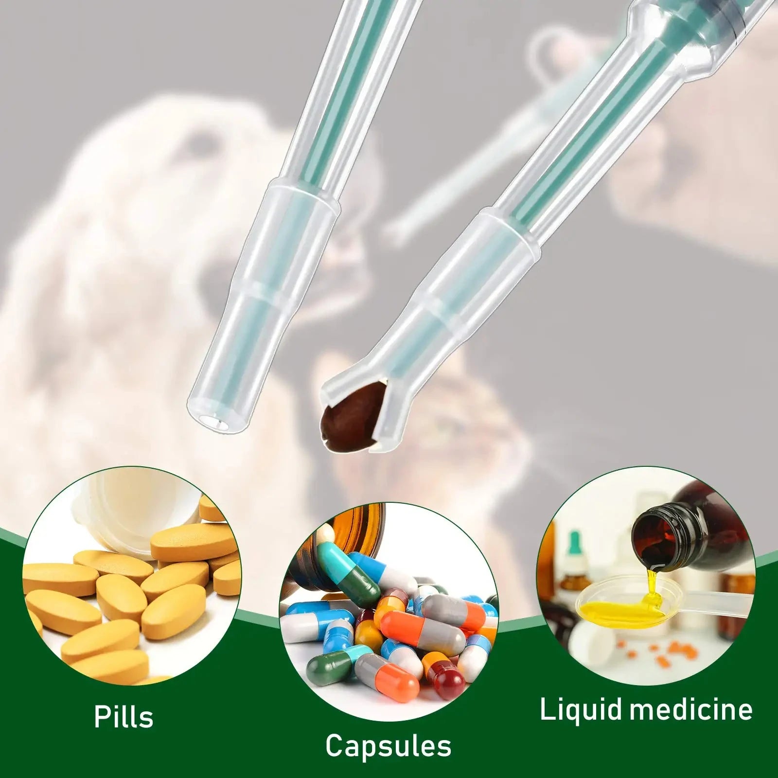 yellow pills multi colored capsules and liquid medicine on green and clear back round with to green colored pill dispensers