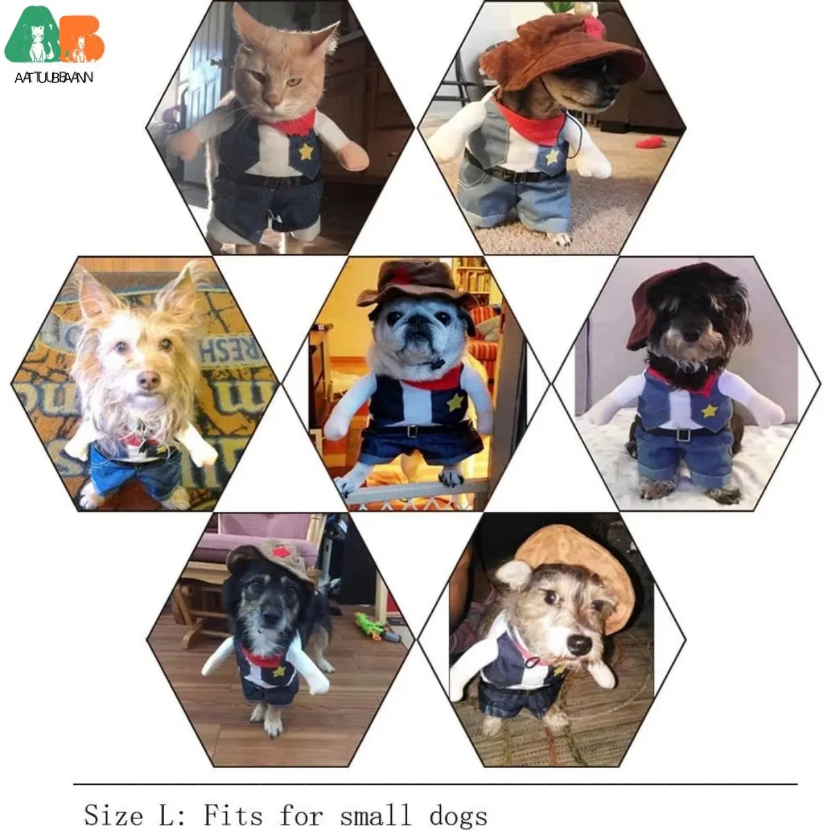 Hexagonal grid of small dogs wearing various outfits with a brand logo at the top left corner.