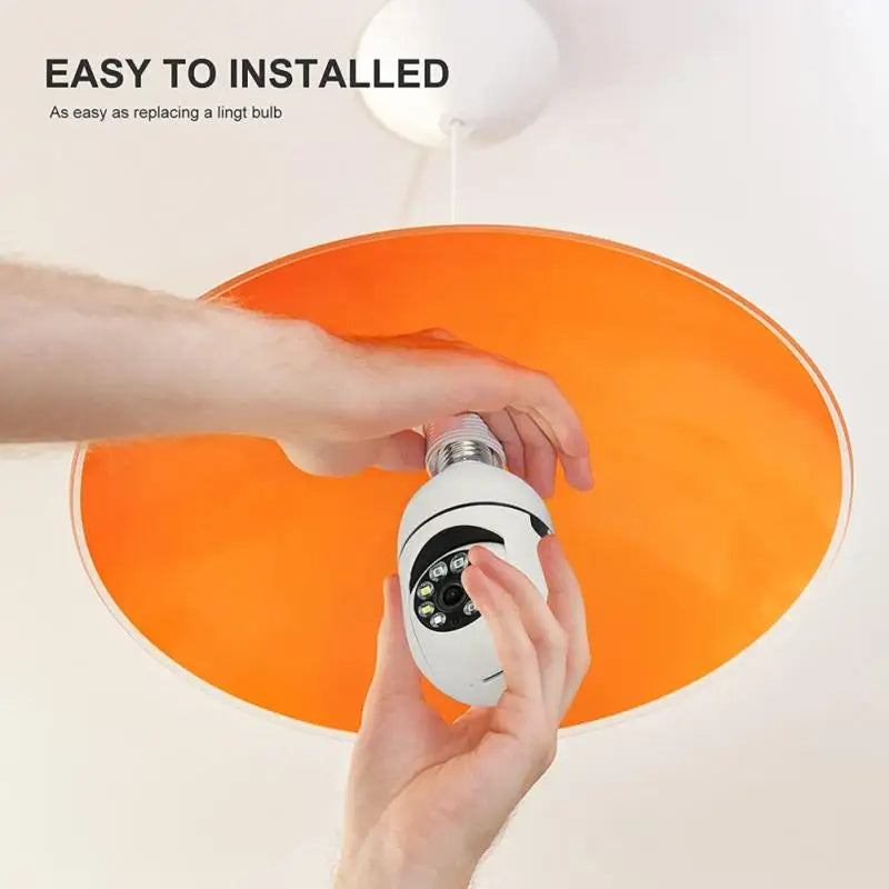 Person replacing a security camera light bulb with text 'EASY TO INSTALLED' on a white background.