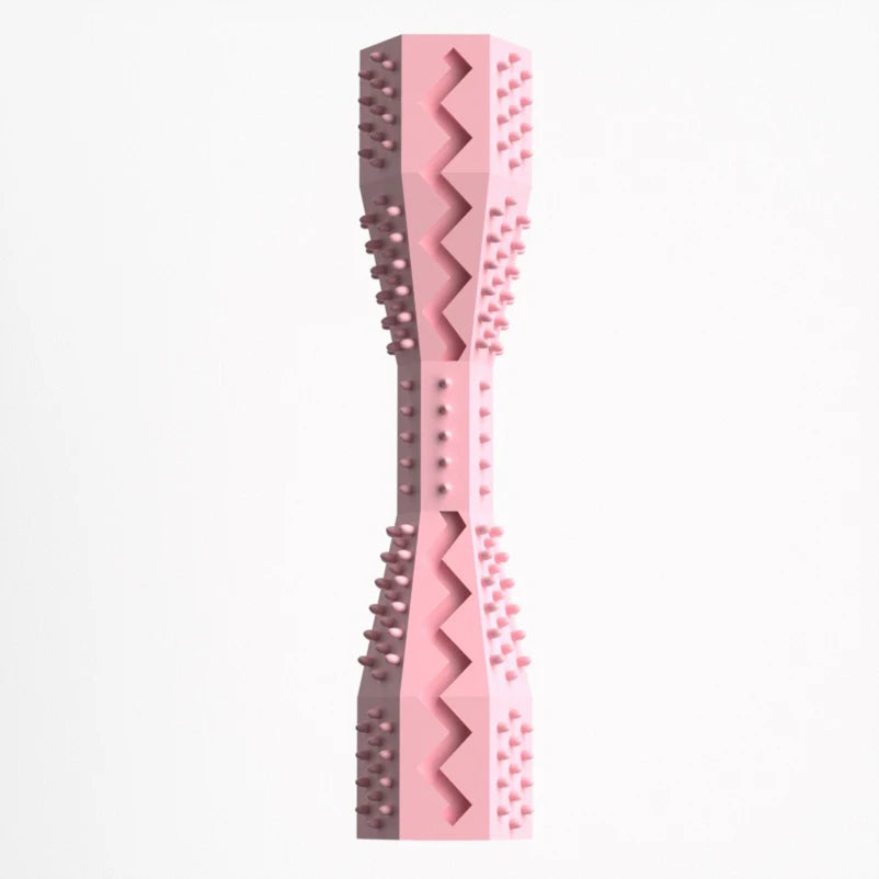 Pink pet toy with textured design on a white background