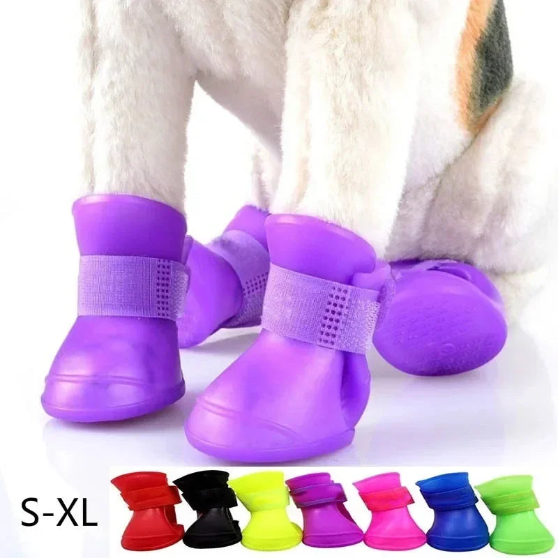 Purple dog boots on a white background with color options displayed below.