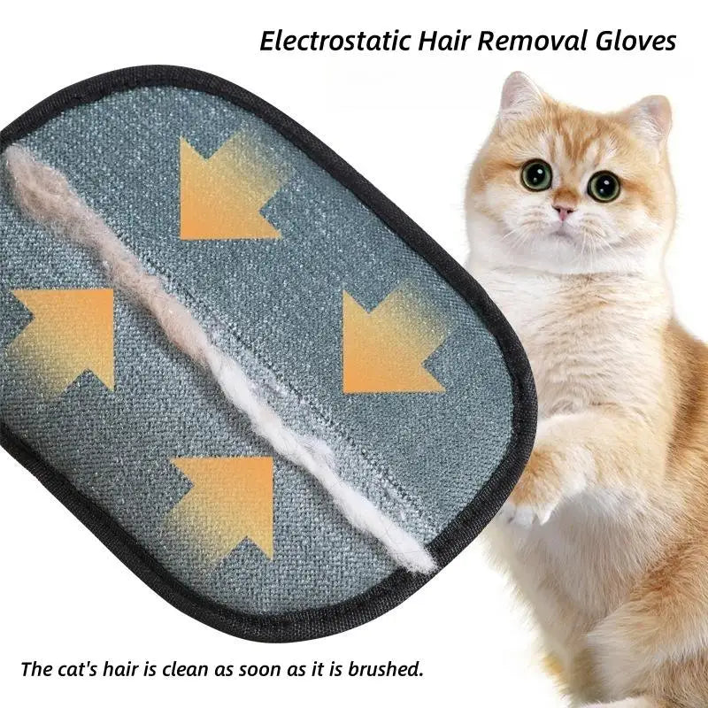 Electrostatic hair removal gloves with a cat and text about hair removal.