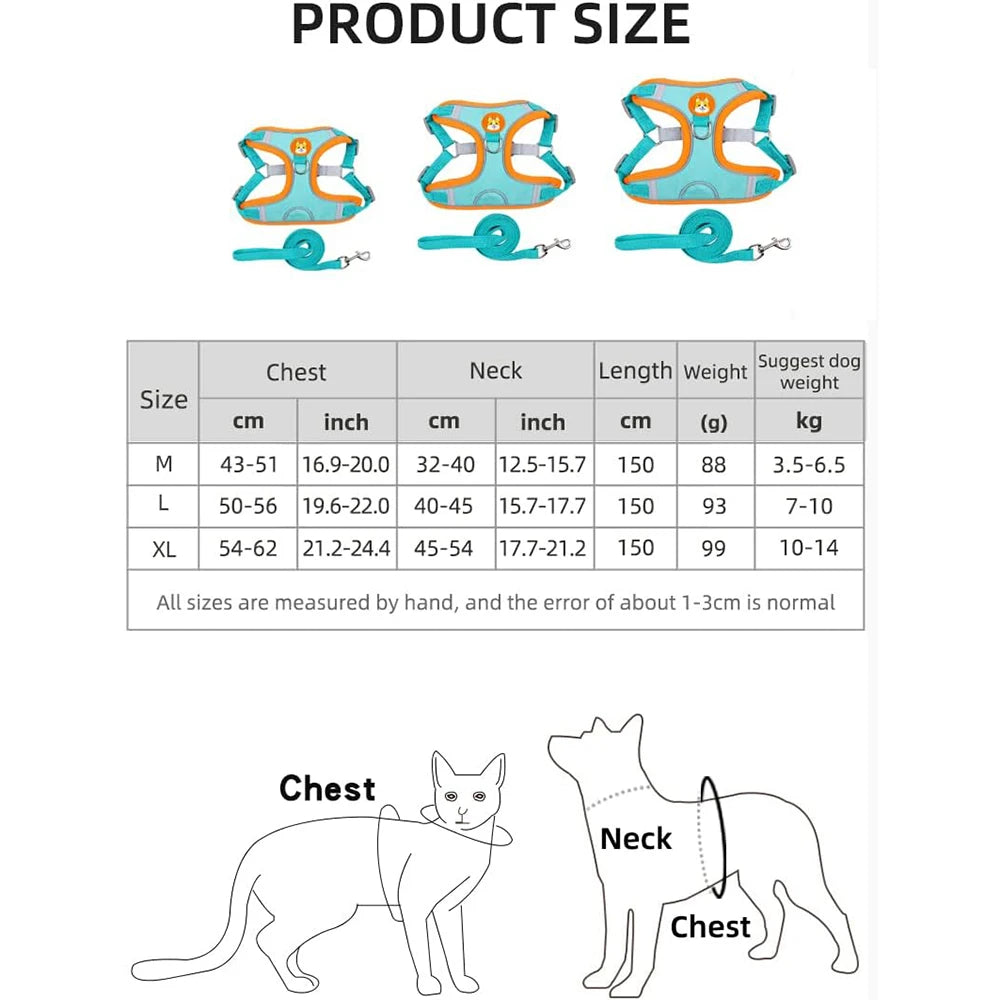 Product size chart for a dog harness with measurements and illustrations of a cat and dog.