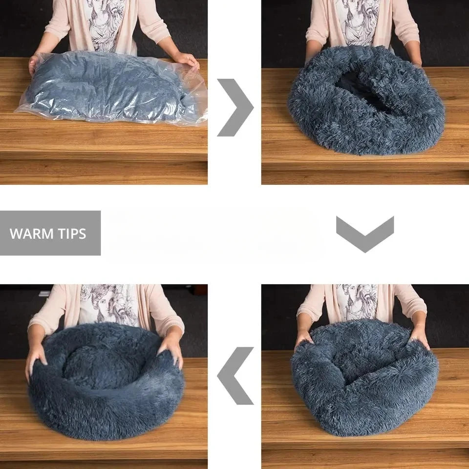 Step-by-step process of unfolding a blue pet bed on a wooden surface.