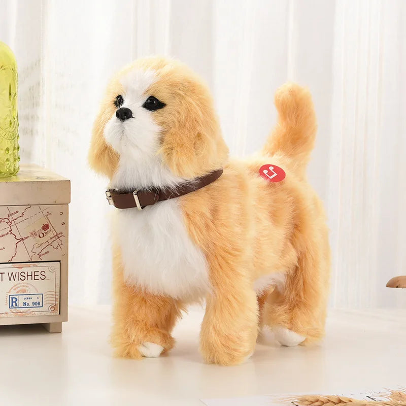 brown and white dog toy with a brown collar on a  light background