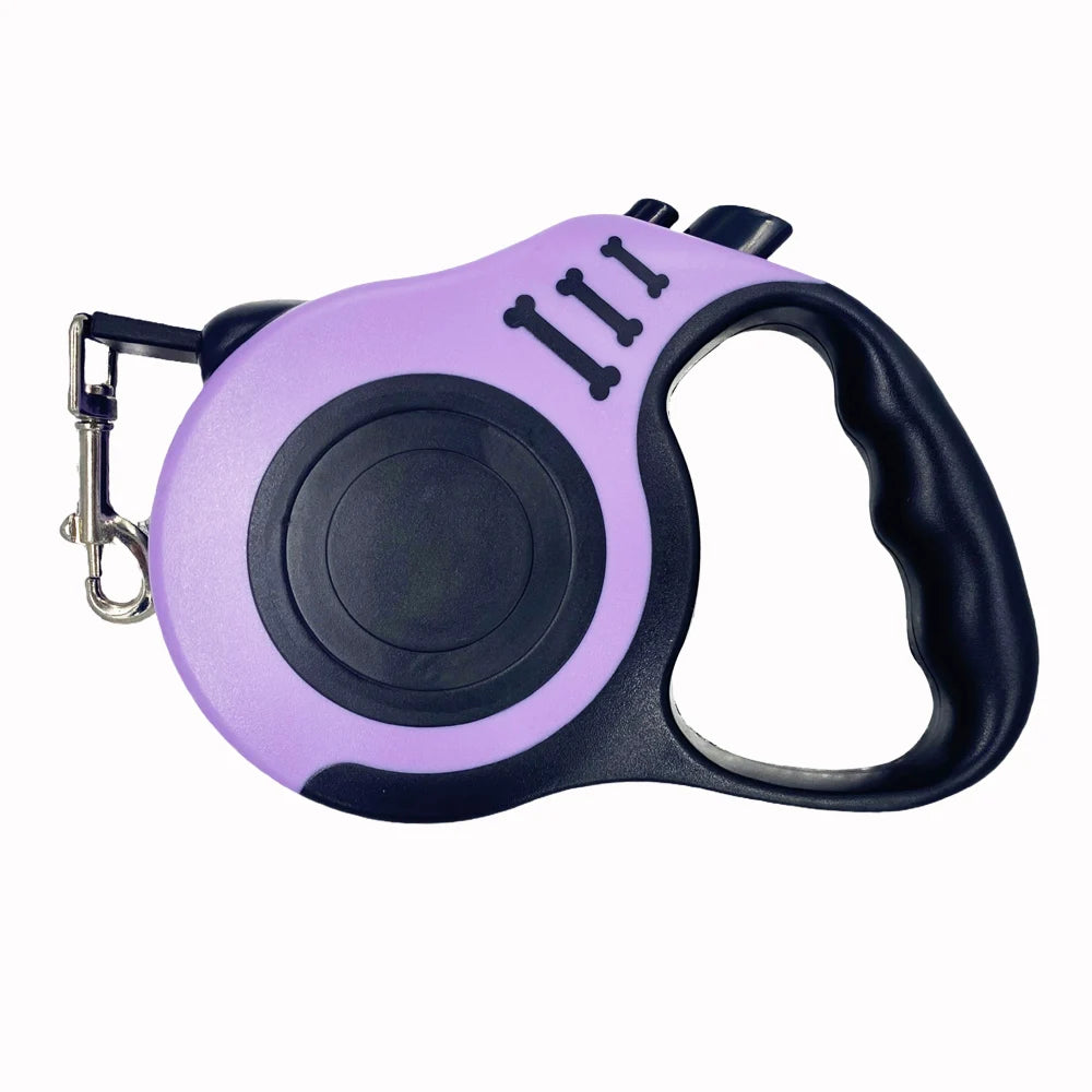 Purple and black retractable dog leash on a white background