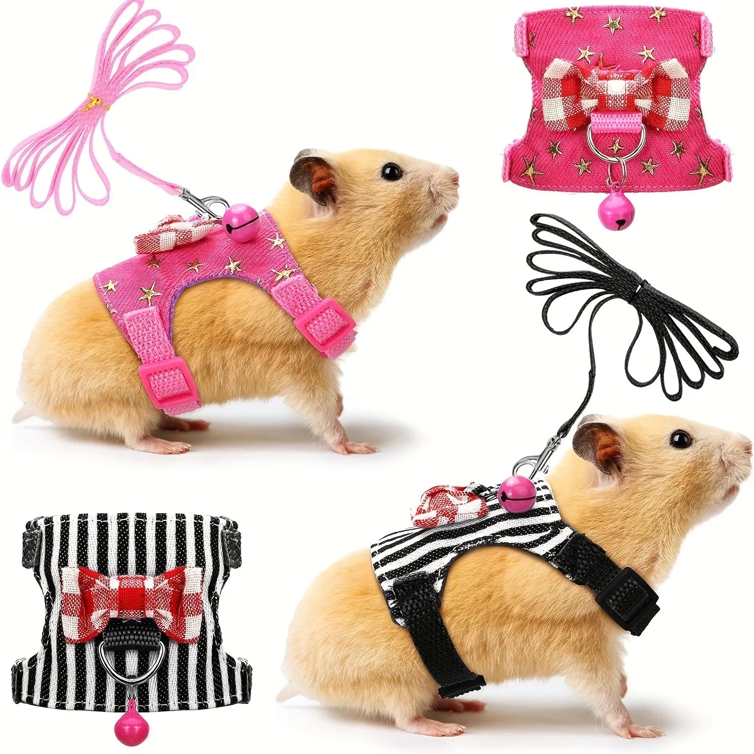 Small animal wearing a pink harness with accessories on a white background
