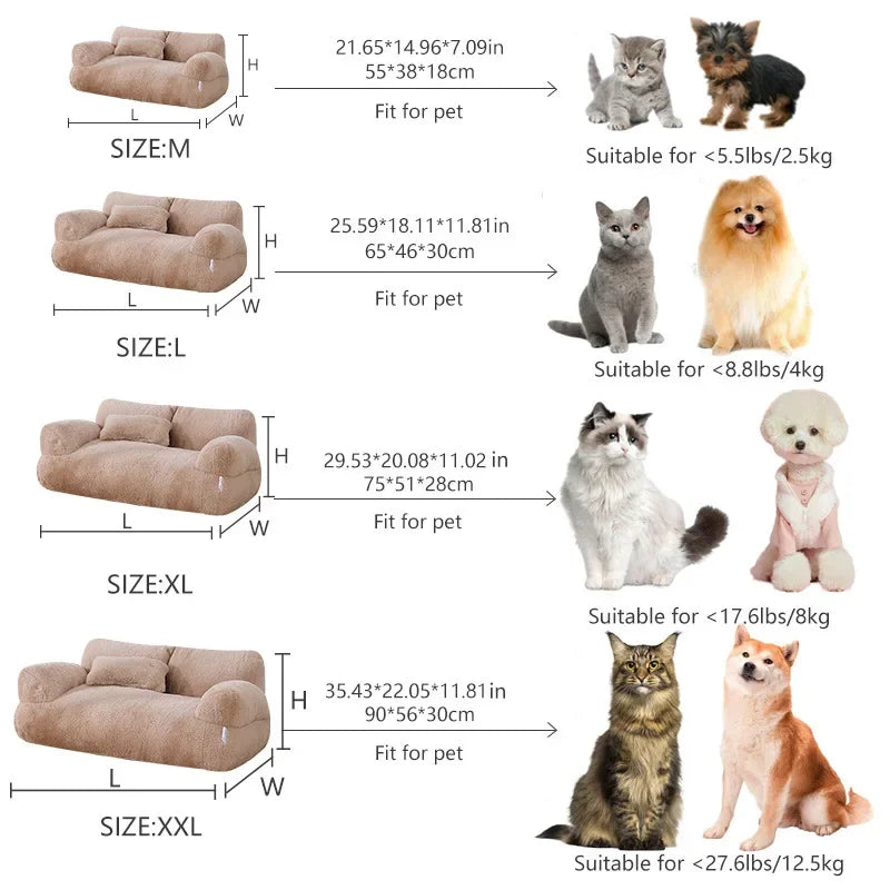 Pet furniture sizes with dimensions and suitable pet weight ranges.