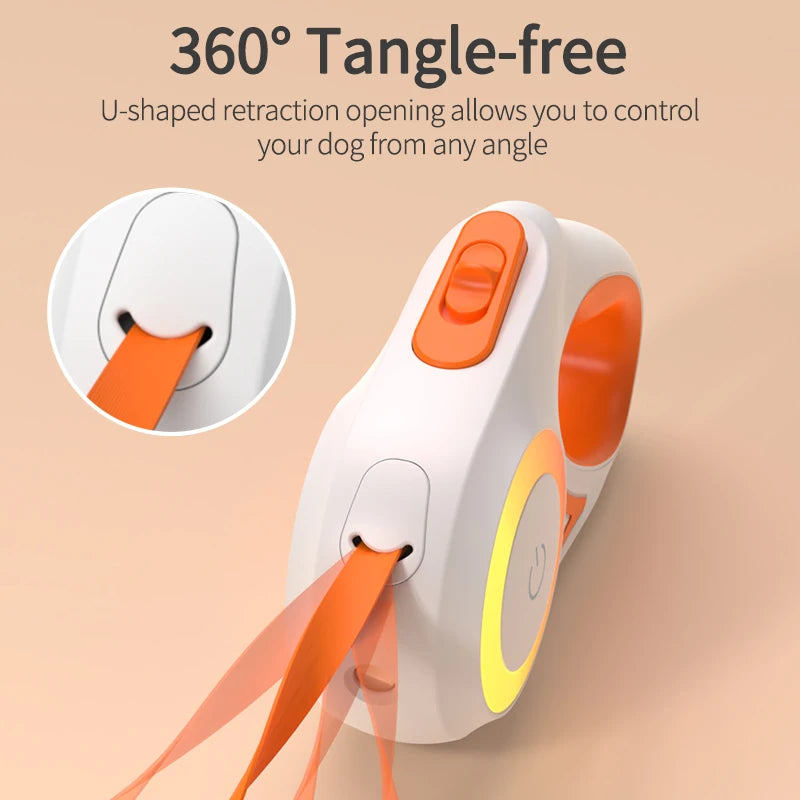 Dog leash retractor with 360-degree tangle-free design on a beige background