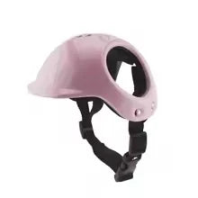 Pink helmet with a black strap on a white background