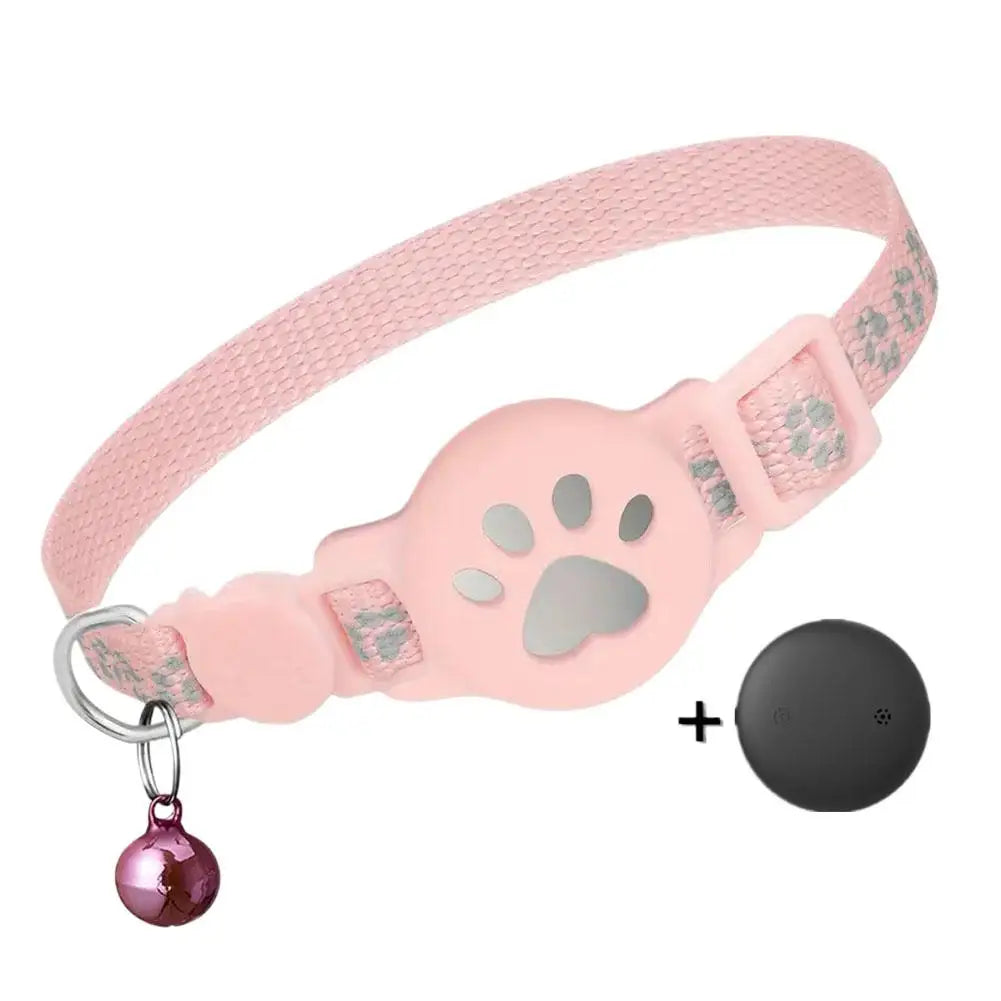 Pink cat collar with paw design, bell, and black device on a white background