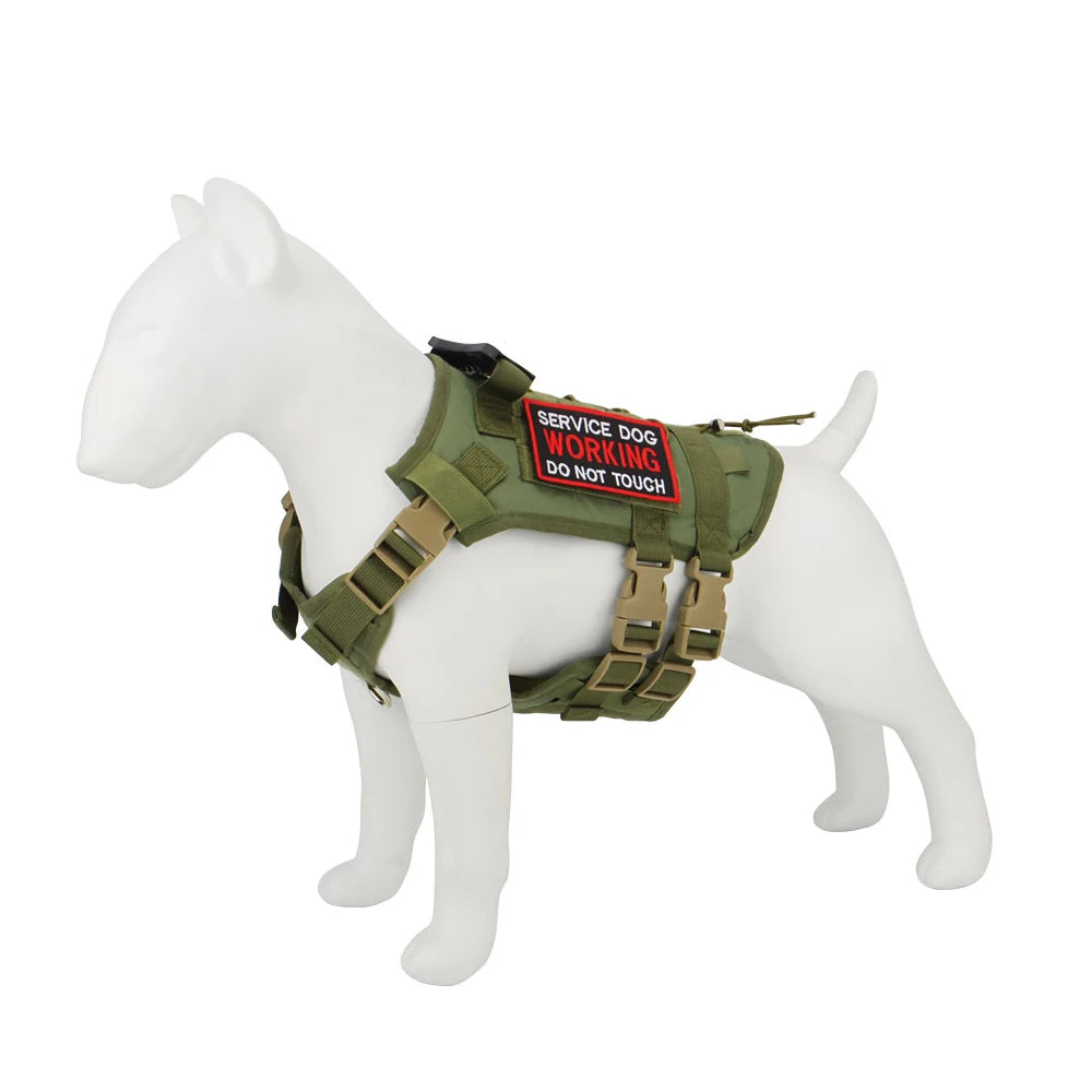 Green service dog harness on a white mannequin with a 'Do Not Touch' patch.