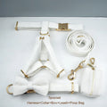 White dog harness, collar, bow tie, leash, and poop bag set on a white background