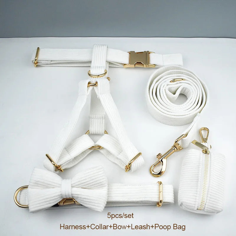 White dog harness, collar, bow tie, leash, and poop bag set on a white background