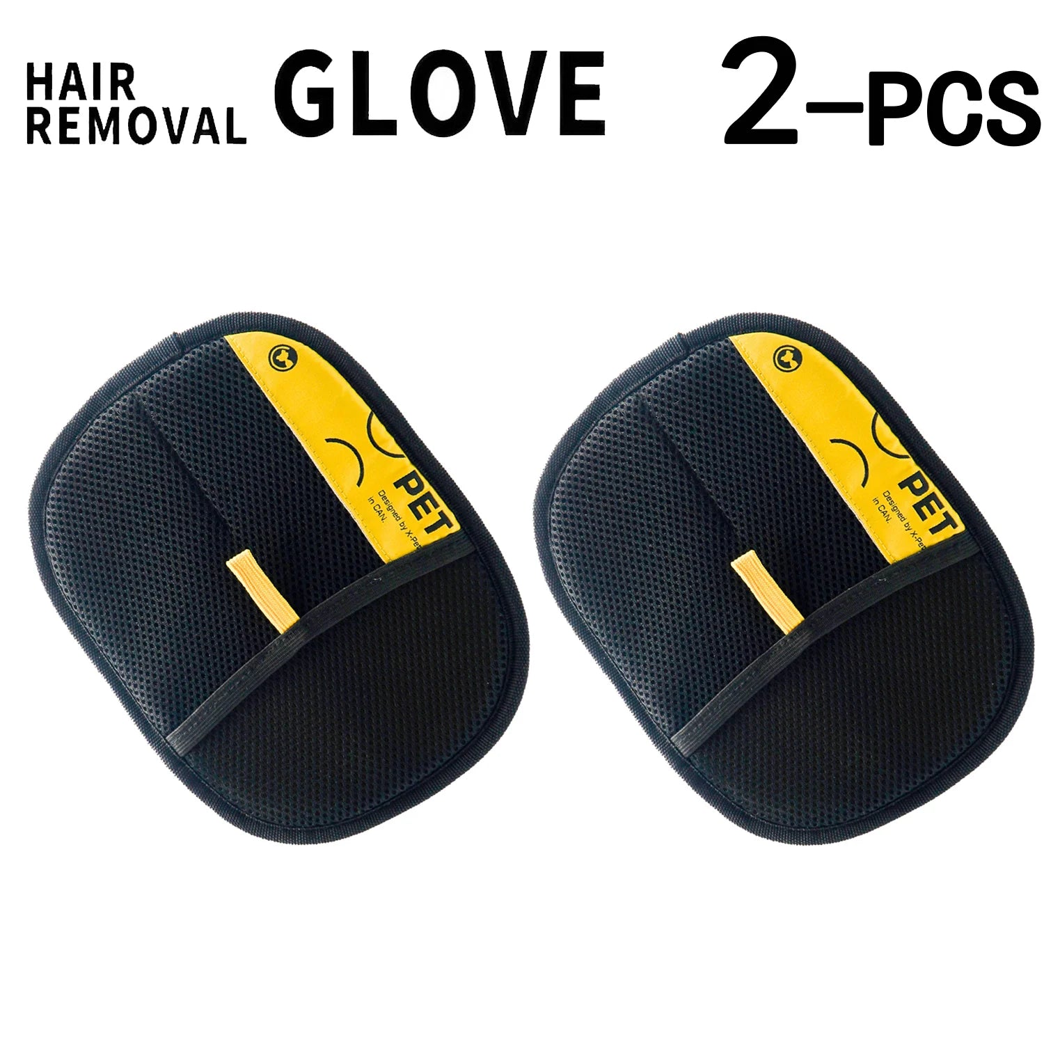 Two black hair removal gloves with yellow labels on a white background, labeled '2-PCS'.