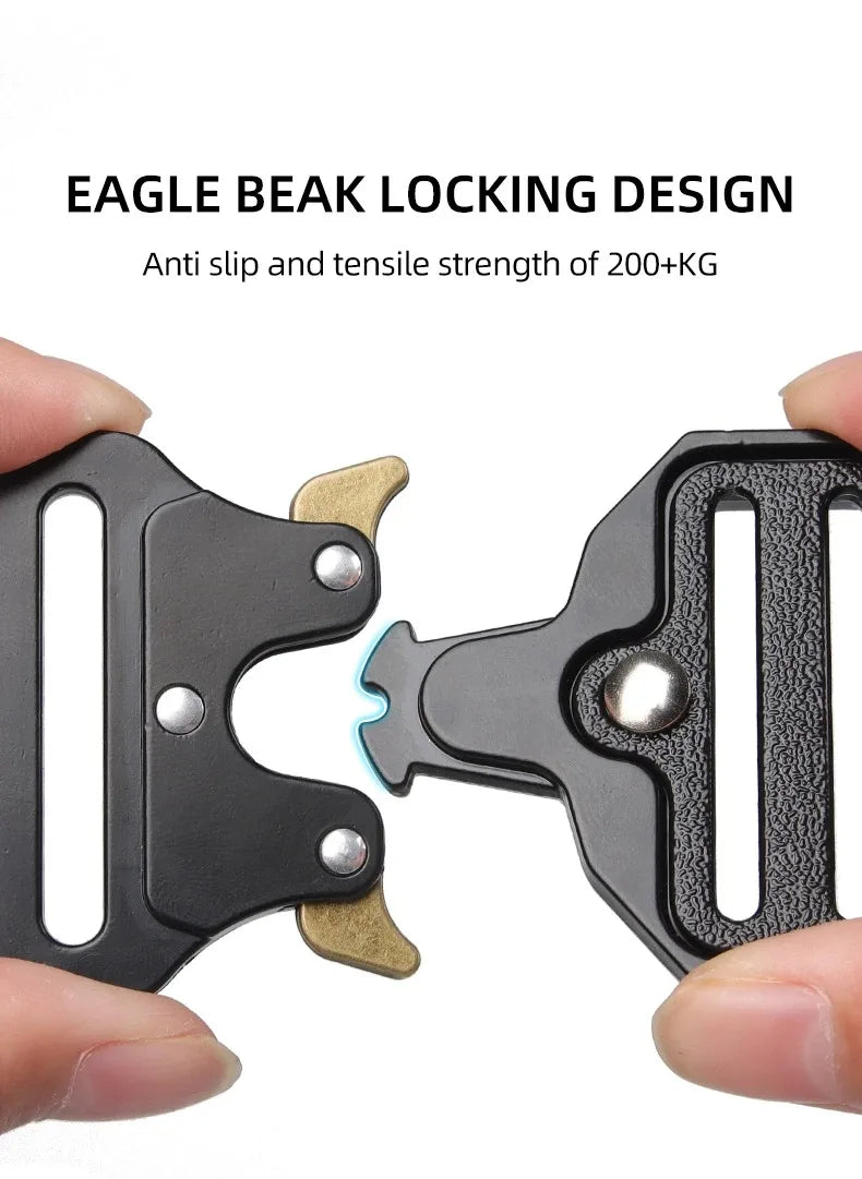 Two hands holding a metal clip with 'Eagle Beak Locking Design' text on a white background.