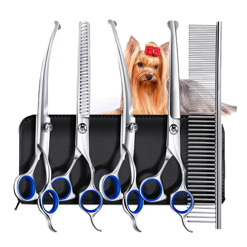 Set of pet grooming tools including scissors and a comb with a dog in the background.