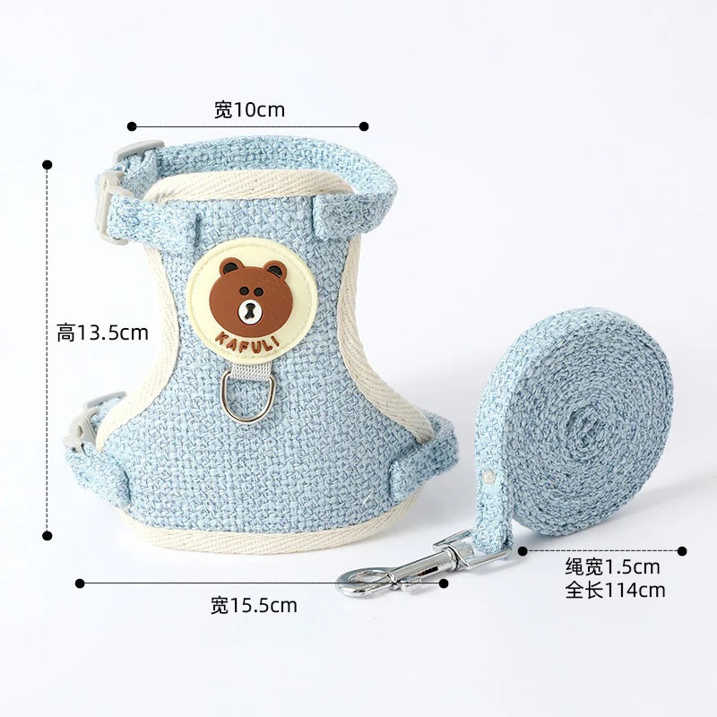 Pet harness and leash set with measurements on a white background