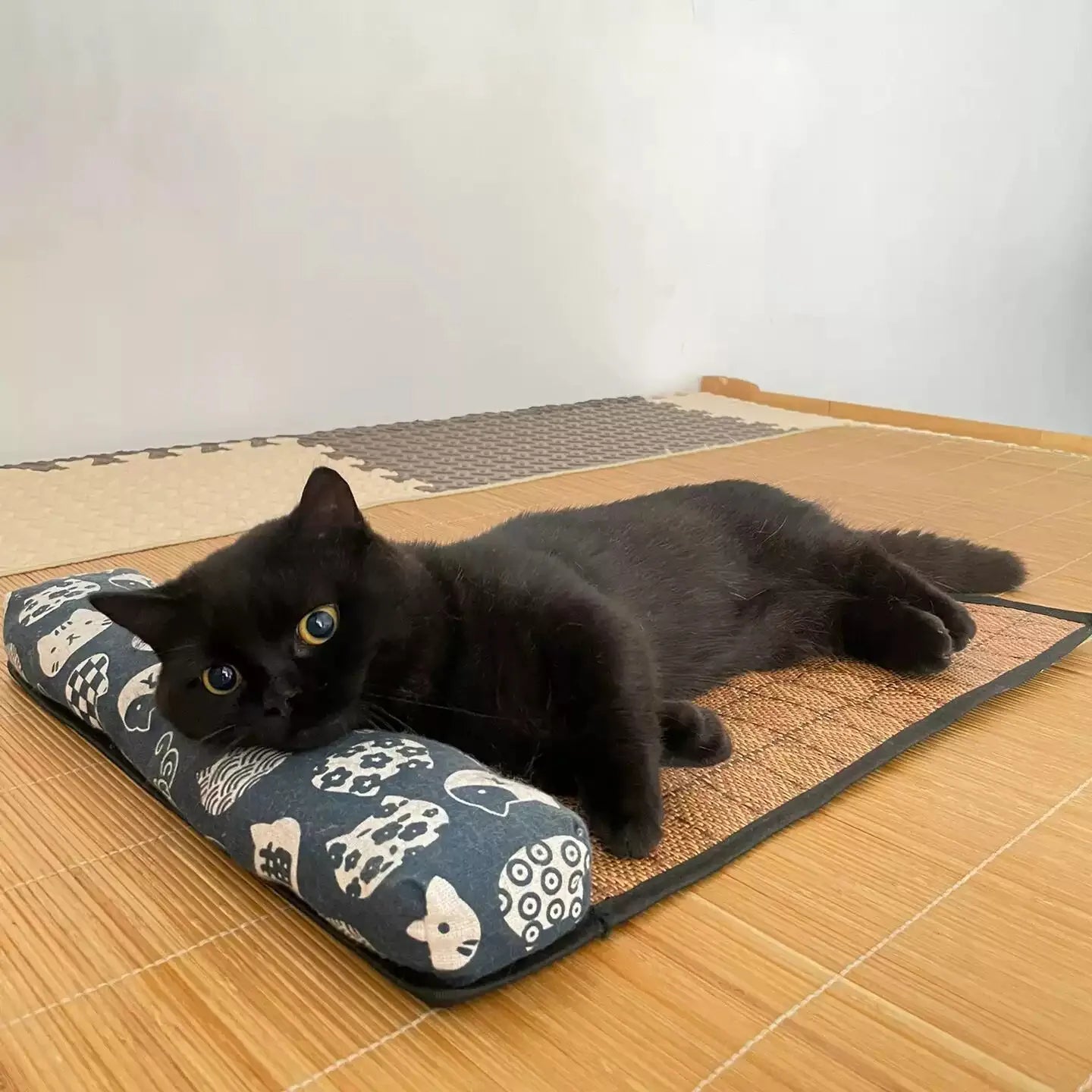Black cat lying on a textured mat with a patterned cushion on a wooden floor.