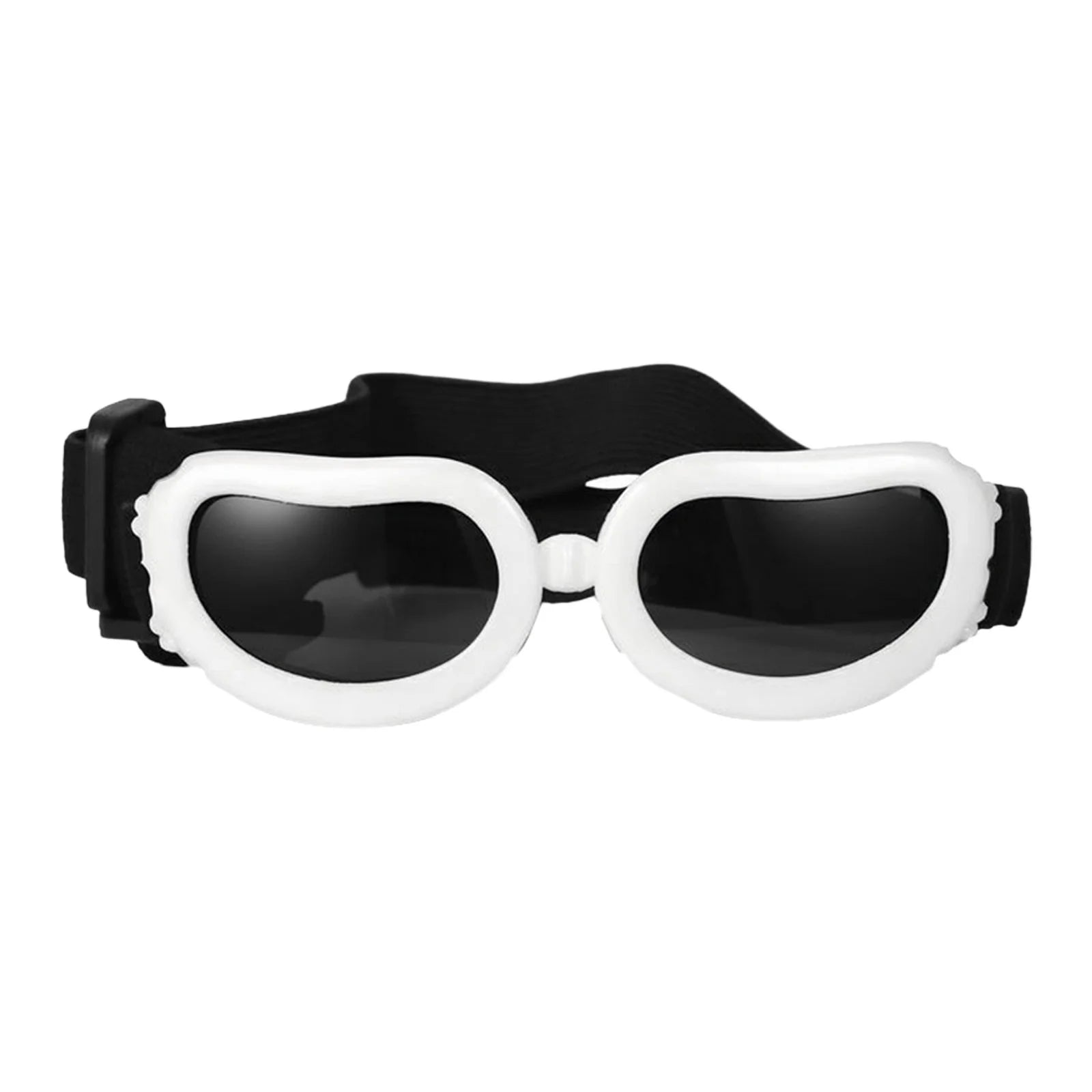 White pet goggles with black lenses on a white background