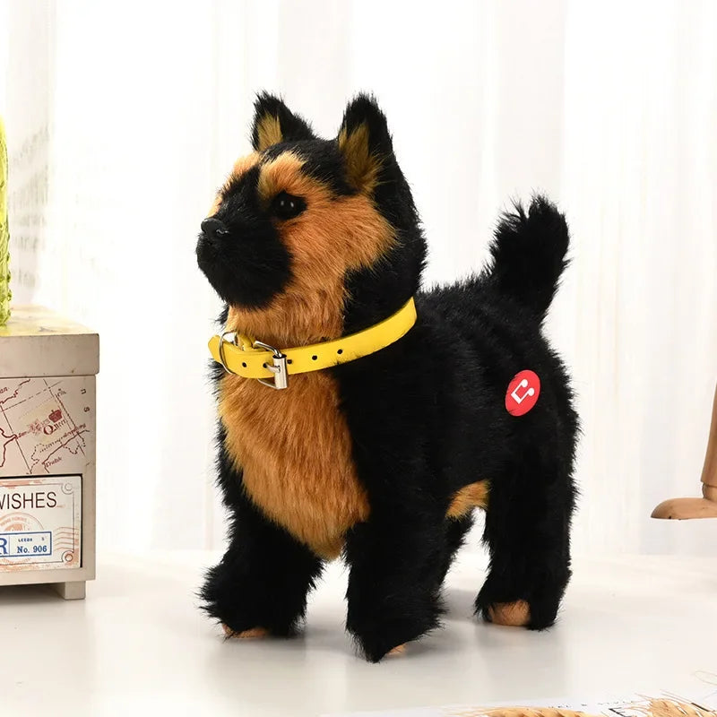 Stuffed dog toy with a yellow collar on a white background