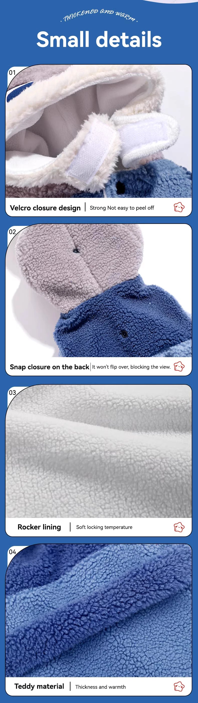 Close-up details of a blue and gray product with text labels.