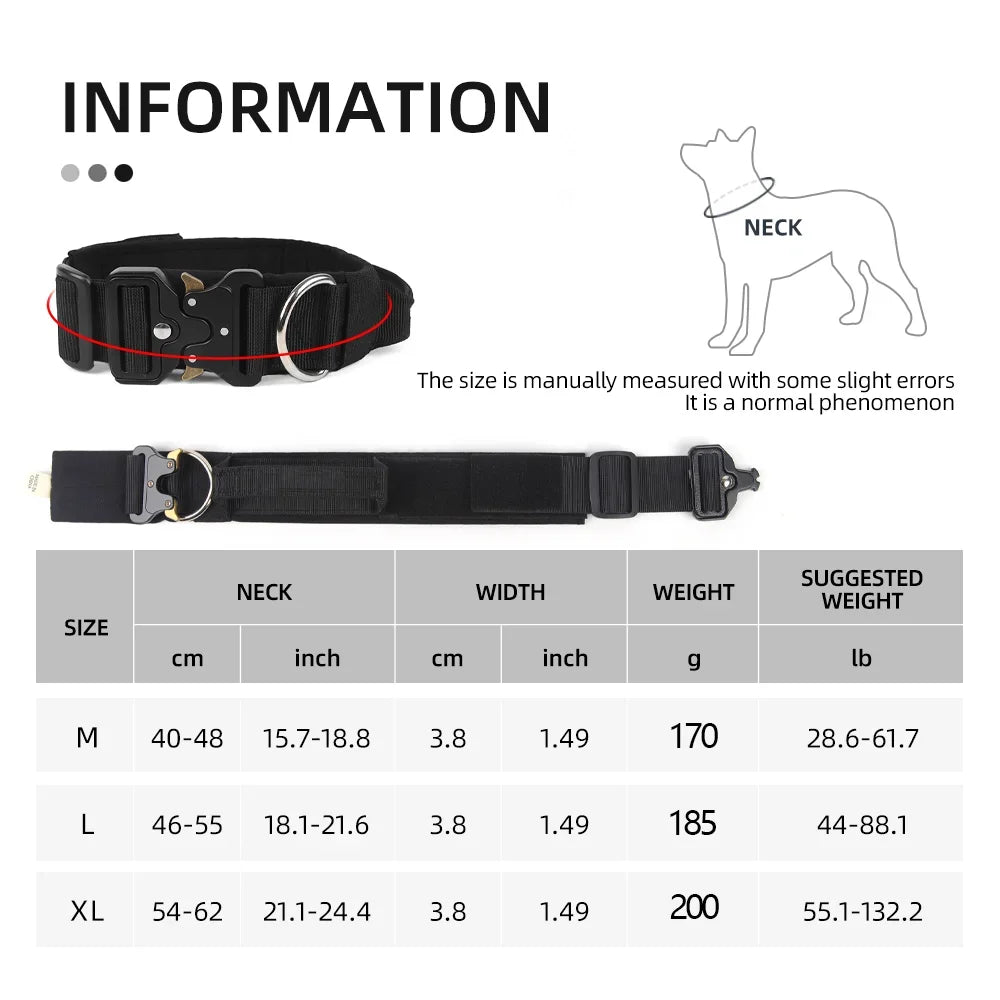 Black dog collar with size chart and measurement details on a white background