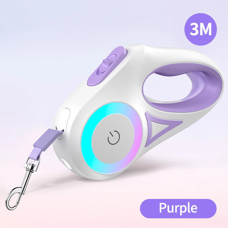 Purple and white dog leash with LED light on a light purple background