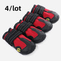 Four pairs of red and black pet shoes on a white background with '4/lot' text.